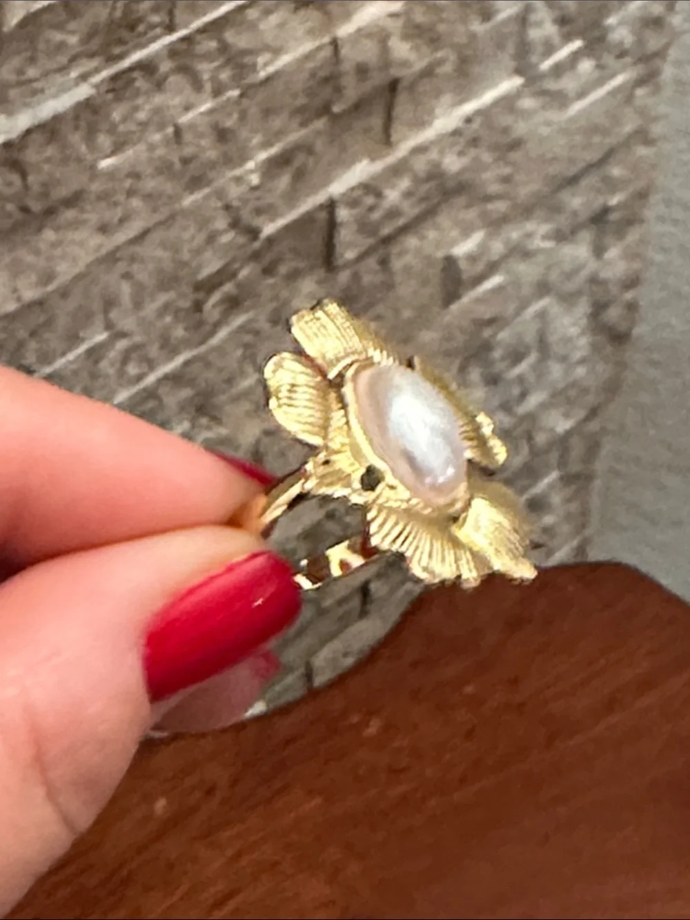 Gold Flower Pearl Center Statement Open Ring